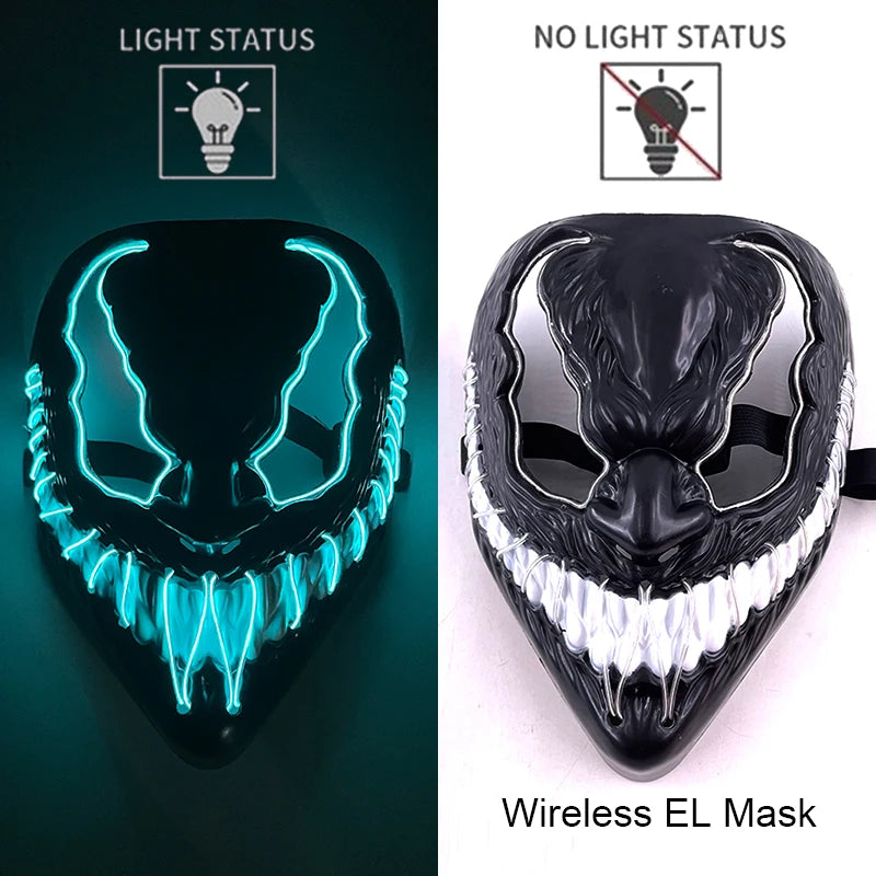 Máscara de purga LED de neón inalámbrica, que brilla en la oscuridad, máscara de cosplay de terror para Halloween, máscaras de fiesta de disfraces, accesorios luminosos divertidos