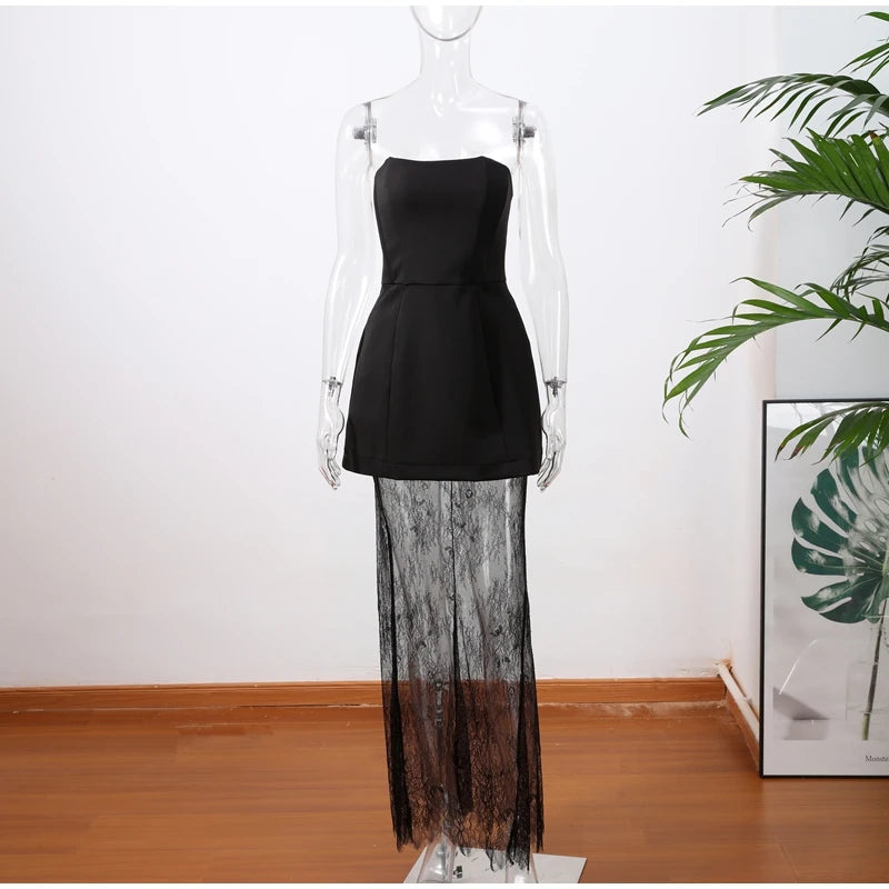 Conjuntos de Falda Larga de Encaje con Top Tubo de Moda para Mujer, Tops sin Tirantes sin Mangas Delgados, Falda Transparente, Conjunto de Vestido Chic para Fiestas de Verano