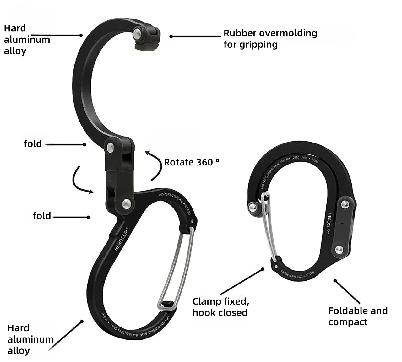 Mountaineering buckle Hybrid Gear Clip - Carabiner Rotating Hook Clip Non-Locking Strong Clips For Camping Fishing Hiking