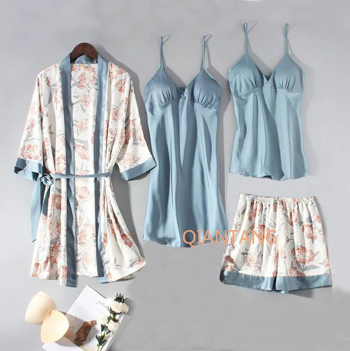 Conjunto de pijama de mujer, ropa de dormir casual, traje de bata de satén, ropa de noche para estar en casa, cuello en V, pijama suave, albornoz kimono, camisón lencería