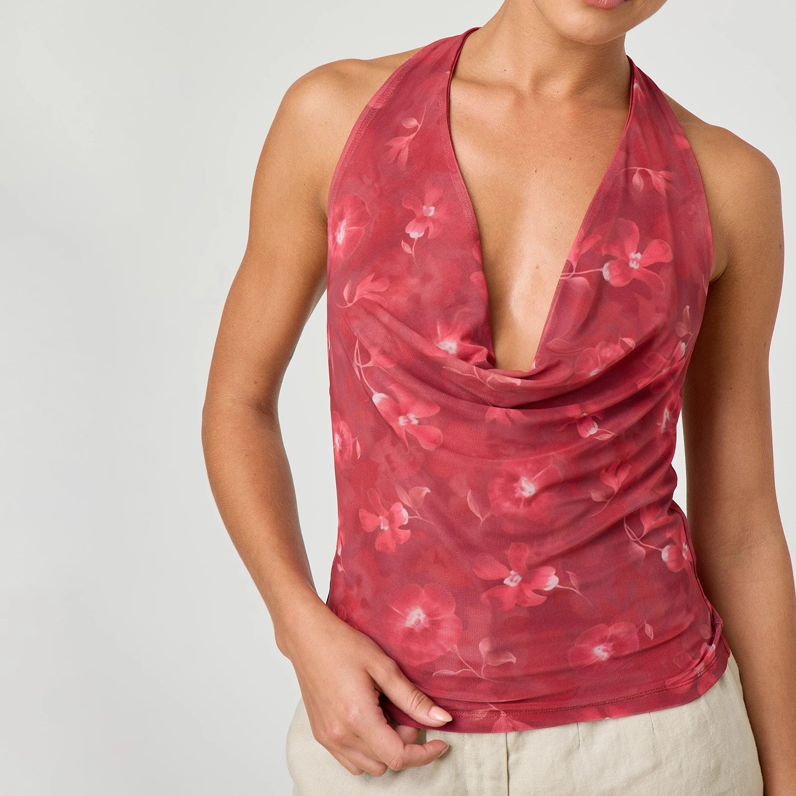 Camisetas Halter de Calidad Premium para Mujer, Estampado Floral de Verano/Color Liso, Cuello Drapeado, Sin Espalda, Tipo Chaleco para Ropa Estética Urbana