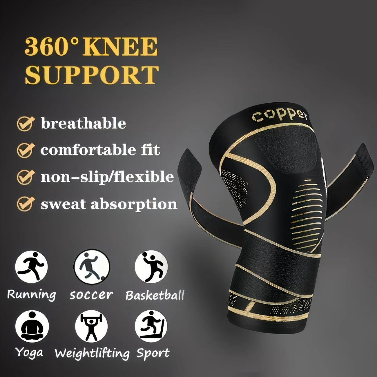 Rodilleras de compresión de cobre con dos correas para deportes, para hombres y mujeres, para correr, escalar montañas, fitness y baloncesto