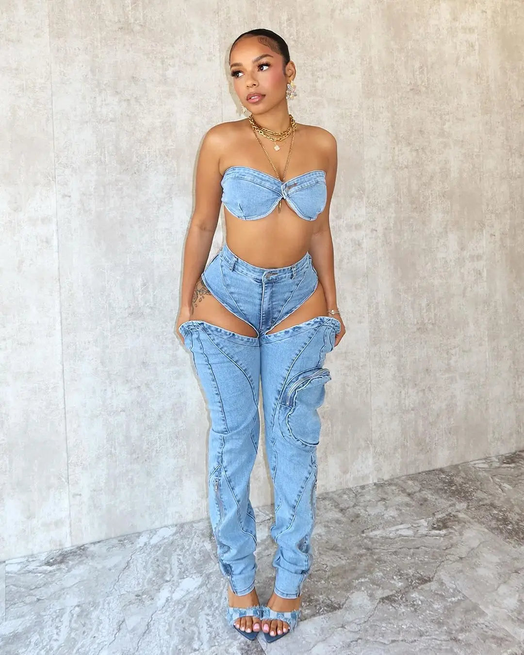 Conjuntos de pantalones de mezclilla para mujer Ropa de calle sexy Conjunto de dos piezas Top sin mangas con envoltura en el pecho sin espalda Jeans calados