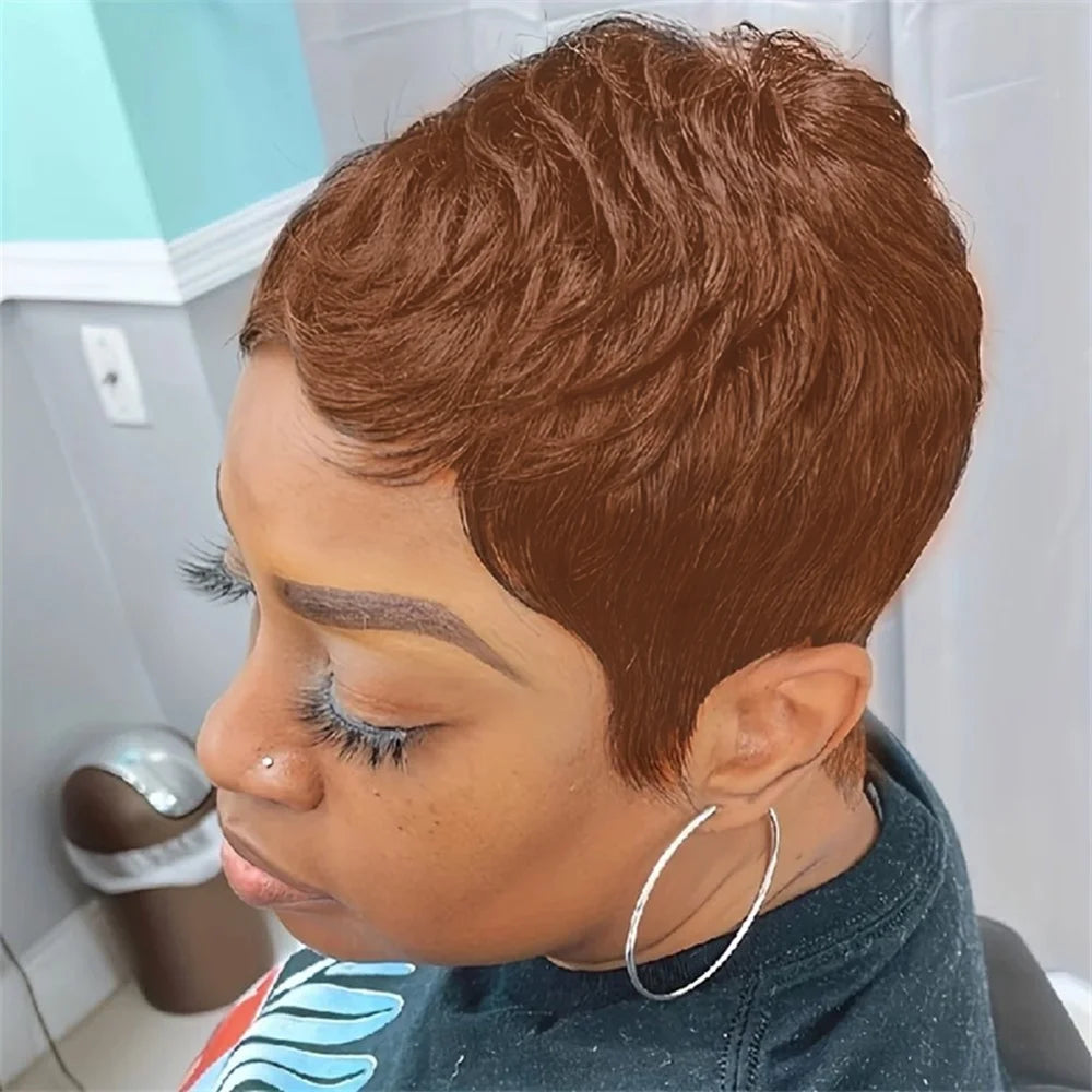 Pixie Cut parykk med menneskehår – 150 % tetthet, kort, rett, lagdelt Remy-parykk