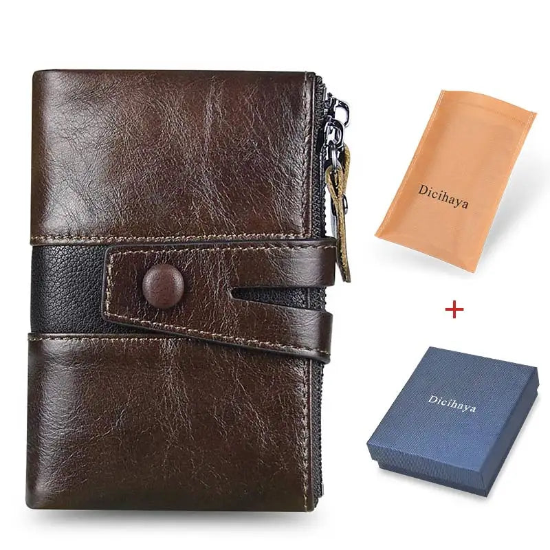 Cartera de piel auténtica para hombre, diseño de lujo, cartera corta plegable, monedero vintage con broche para monedas, bolsillo multifuncional para tarjetas