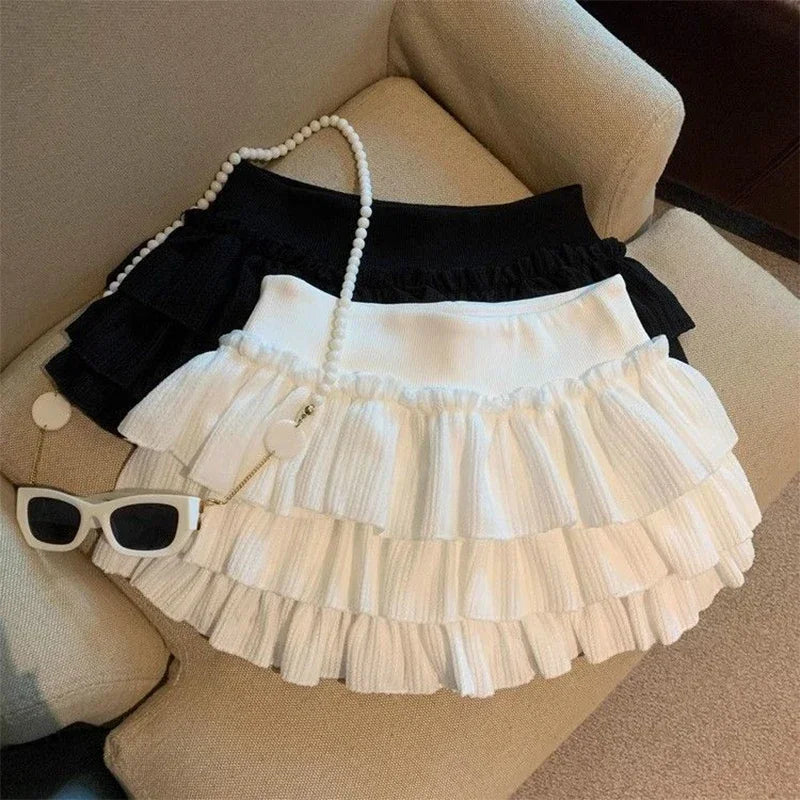 Elegant Layered Cake Skirt for Women Summer Sweet Cute Solid Color High Waist Mini Skirt Casual Outfit Vintage Ruffled Skirt New