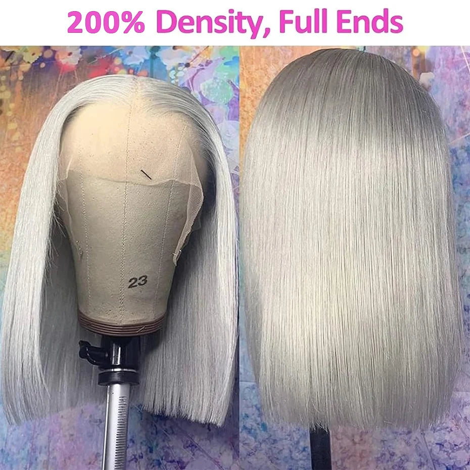 Silver Grey Bob Wigs Human Hair 13x6 HD Lace Frontal Wig Vietnamese Raw Short Straight Blunt Cut 613 Lace Frontal Wigs for Women