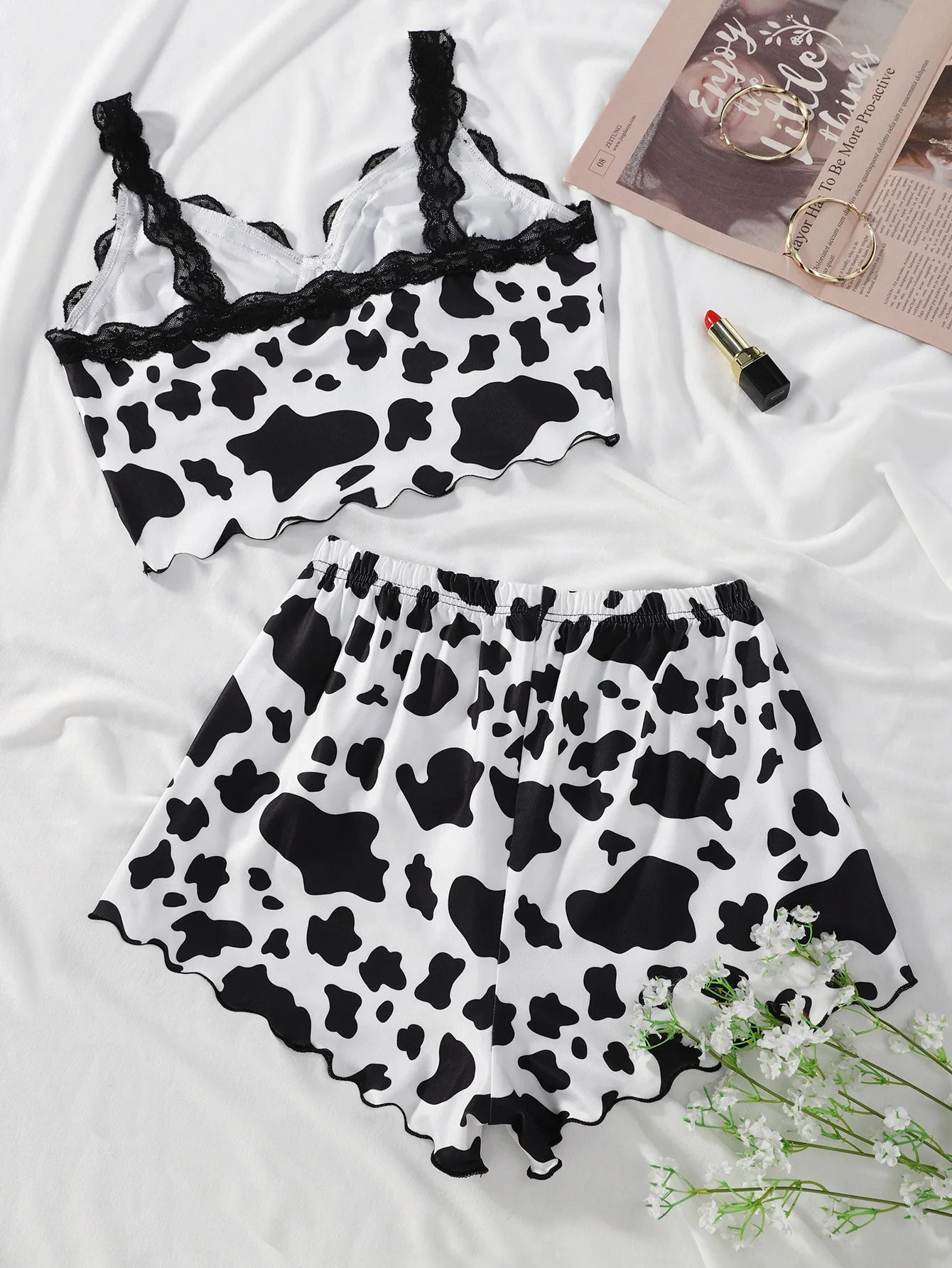 Ensemble de lingerie sexy pour femme, haut et pantalon à volants en dentelle, imprimé vache, pyjama 2 pièces