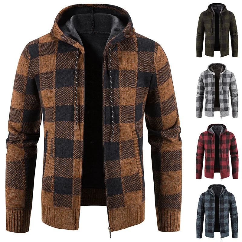 Men's New Plaid Jacket Hooded Sweater Autumn Winter Fleece Outwear Thick Warm Casual Clothing Cold Windbreaker Coat