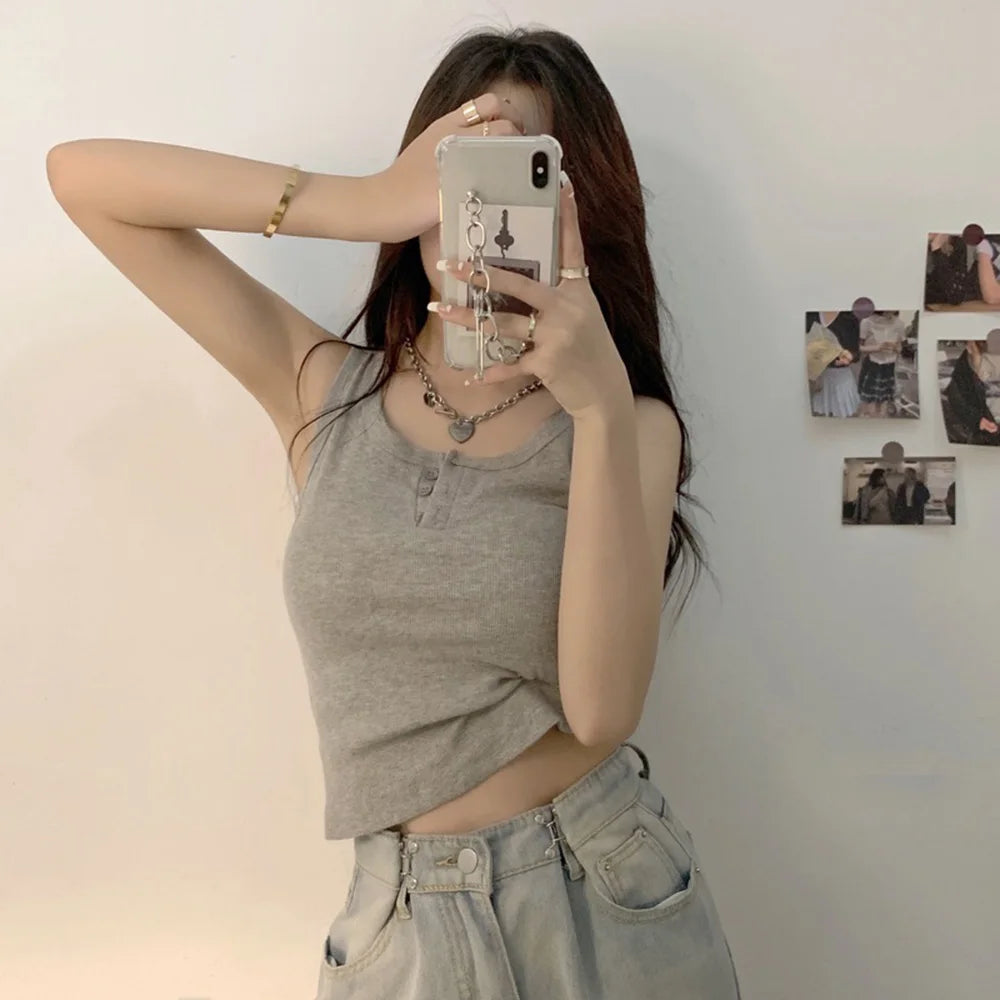 Camiseta sin mangas para mujer de canalé con botones, blusa sin mangas, color liso, informal, para mujer y adolescente, moderna, básica, vestidos de verano