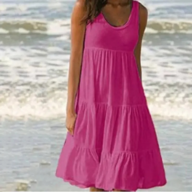 Vestido casual de mujer con cuello redondo, sin mangas, con volantes, minivestido boho liso para playa, vestido suelto oversize, verano 2024