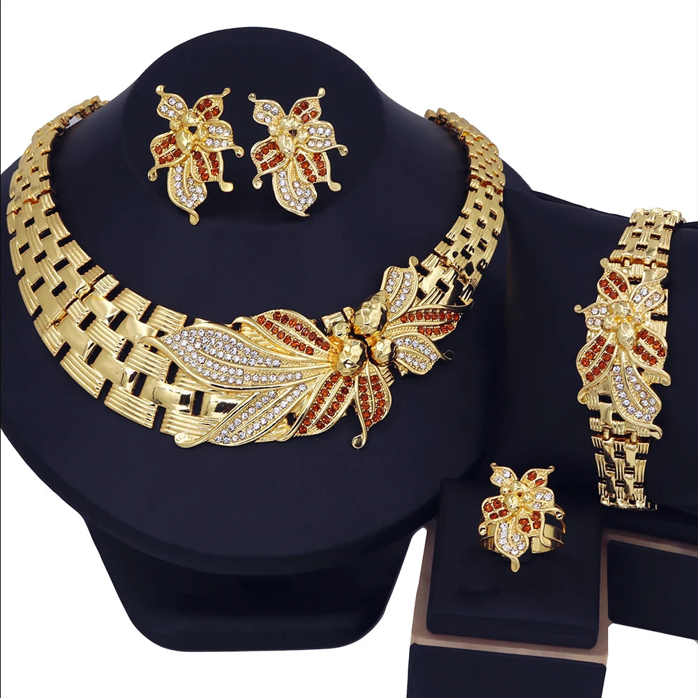 YTJX Juego de joyas de boda Africano Collar gargantilla de flor grande Pulsera de circonia fina Pendientes de perforación Anillo Joyería chapada en oro de 18 quilates