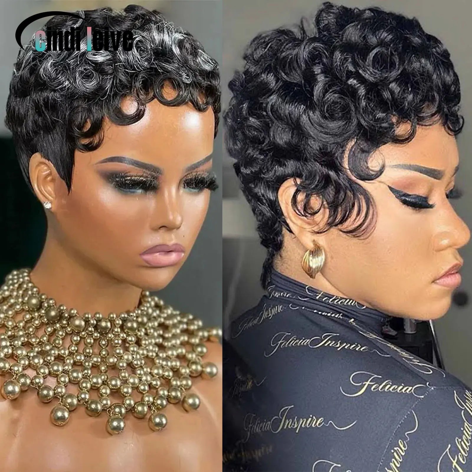 #1B Curly Pixie Cut Short Wigs For Women Natural Black Curly Wig Peruvian Remy Human Hair Bob Full Machine Made Wig 150% Density