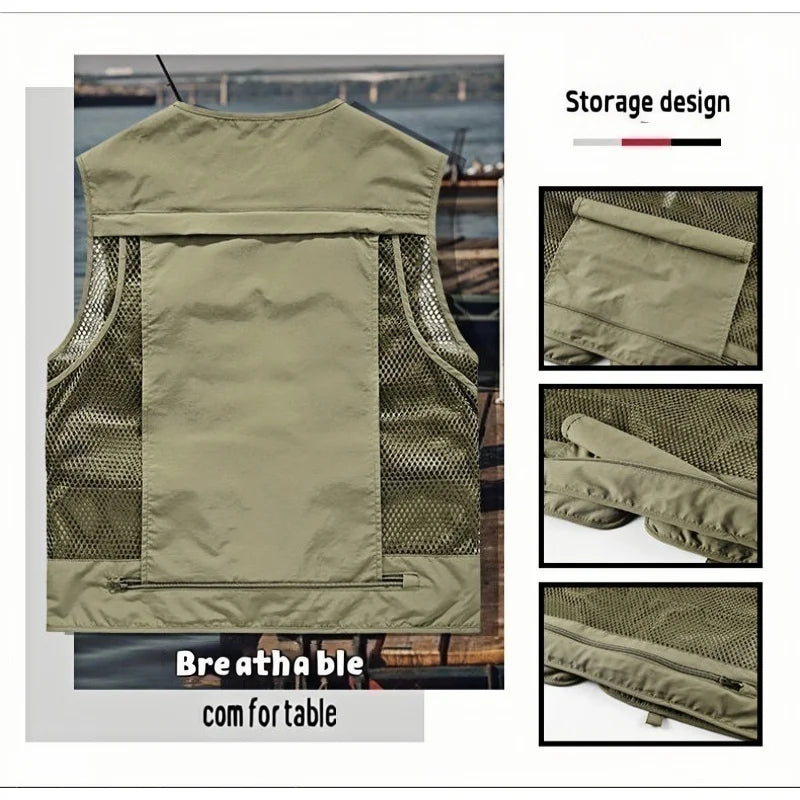Chaleco de hombre, verano, casual, para fotografía, pesca, chaleco multibolsillos, de ocio al aire libre, para montañismo, sin mangas, con cuello en V, logotipo personalizado