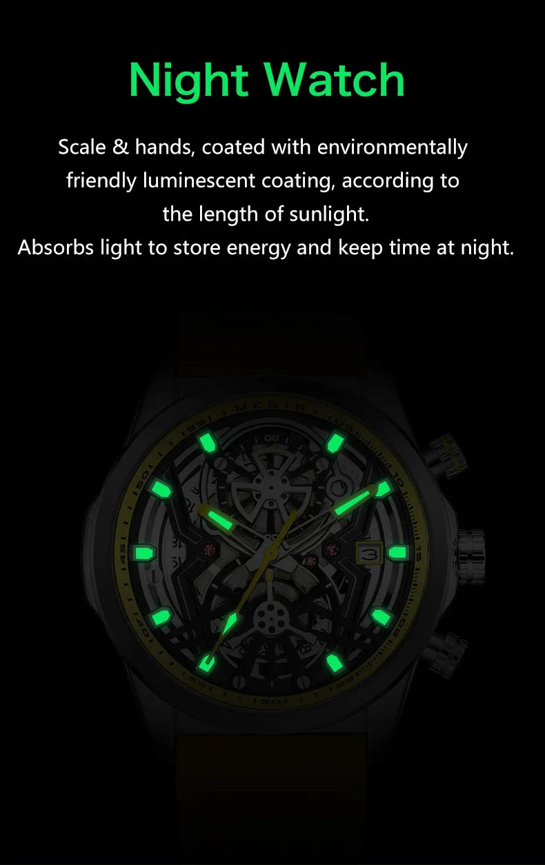Relojes cronógrafo deportivos para hombre, marca de lujo superior, MEGIR, cuarzo, impermeable, a la moda, reloj de pulsera para hombre con fecha automática y manecillas luminosas