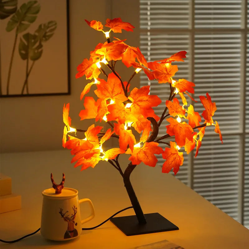Guirlande lumineuse à 24 LED en forme de feuille d'érable, lampe de table en forme d'arbre à fleurs, veilleuse rose, cadeau pour mariage, fête, automne, Halloween, décoration