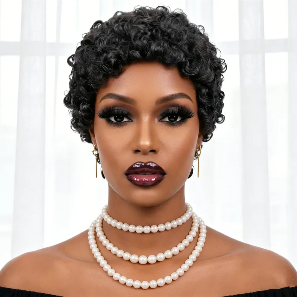 short curly human hair wig 4inch black color short afro curly human hair wig 150% density hair machine made pixie cut