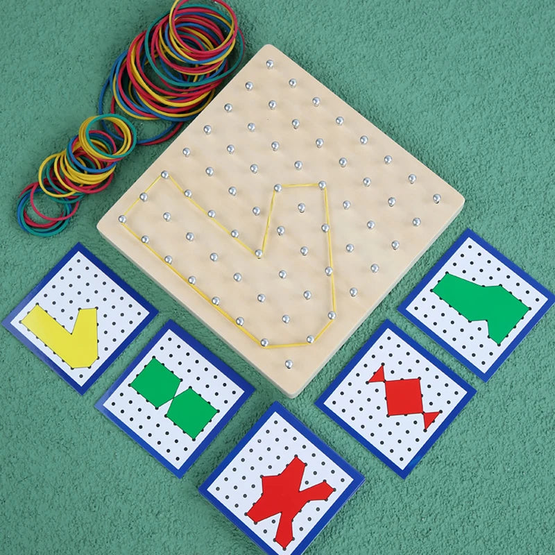 Juego de juguetes de madera Montessori de matemáticas para niños, figuras geométricas, banda elástica, tabla de clavos, juguete educativo creativo, regalo de Navidad ideal