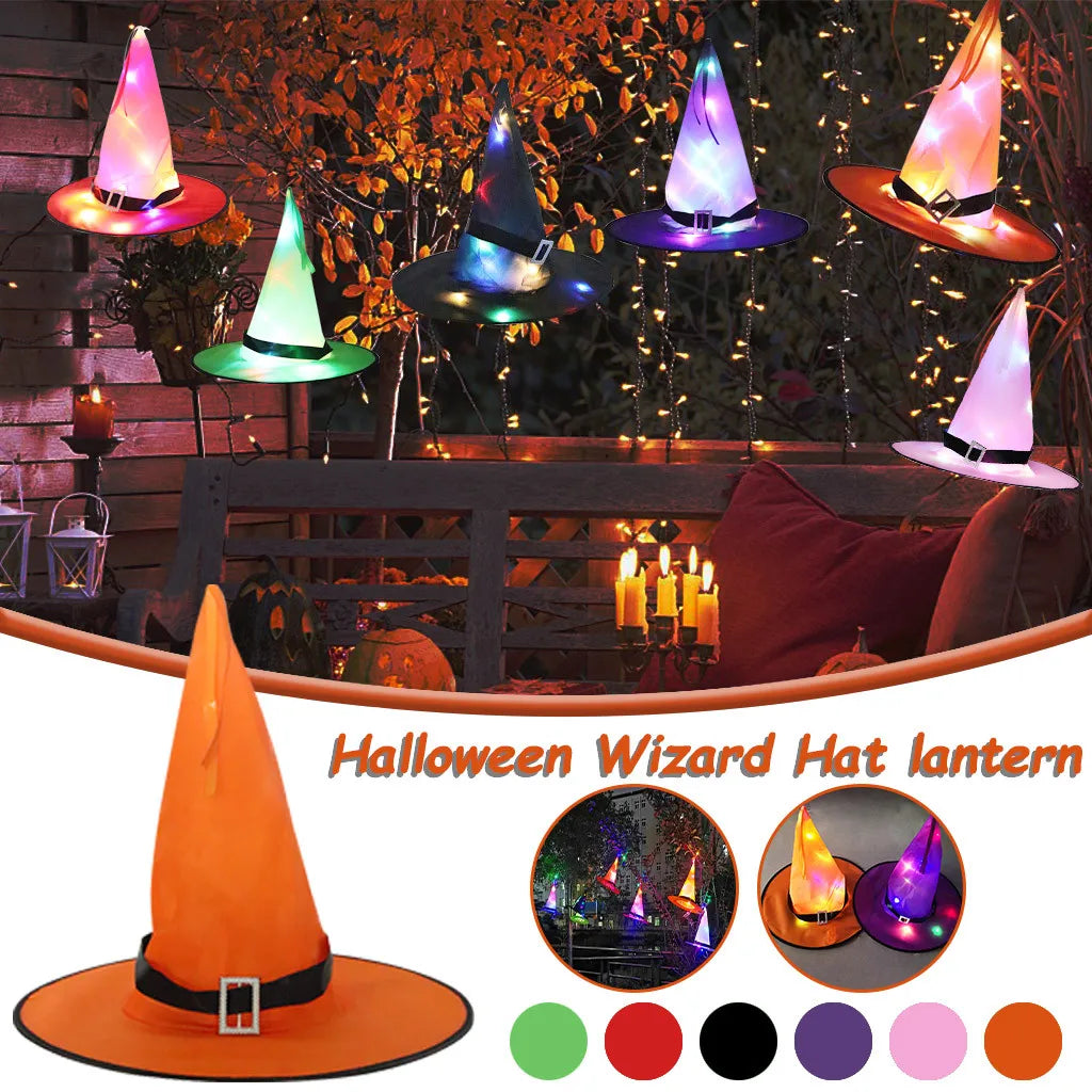 Halloween Decoration Glowing Hat Outdoor Hanging Lighted Glowing Witch Hat Lights String Battery Outdoor Yard Tree Decorations