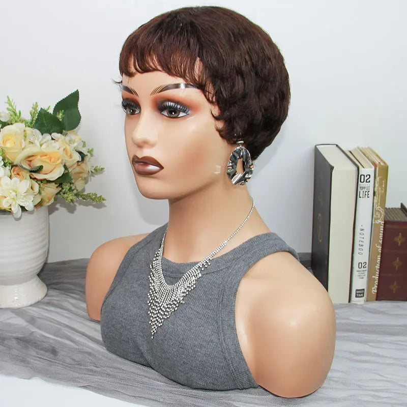 Pixie Cut Human Hair Wigs Short Wigs for Women Layered Pixie Wig With Bangs Glueless Full Machine Made Dark Brown #2 On Sale