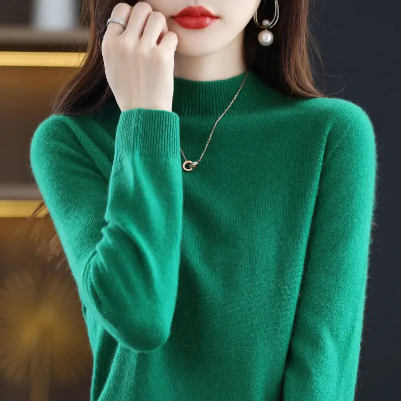 Suéter de mujer otoño invierno, camisas base cálidas casuales, cuello simulado, tejido básico, jerséis de manga larga, moda coreana