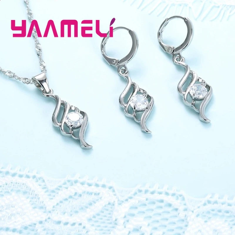 Juegos de joyas para mujer, dijes, collar con colgante de color plata de ley 925, pendientes de aro, moda clásica, collares, regalo de boda
