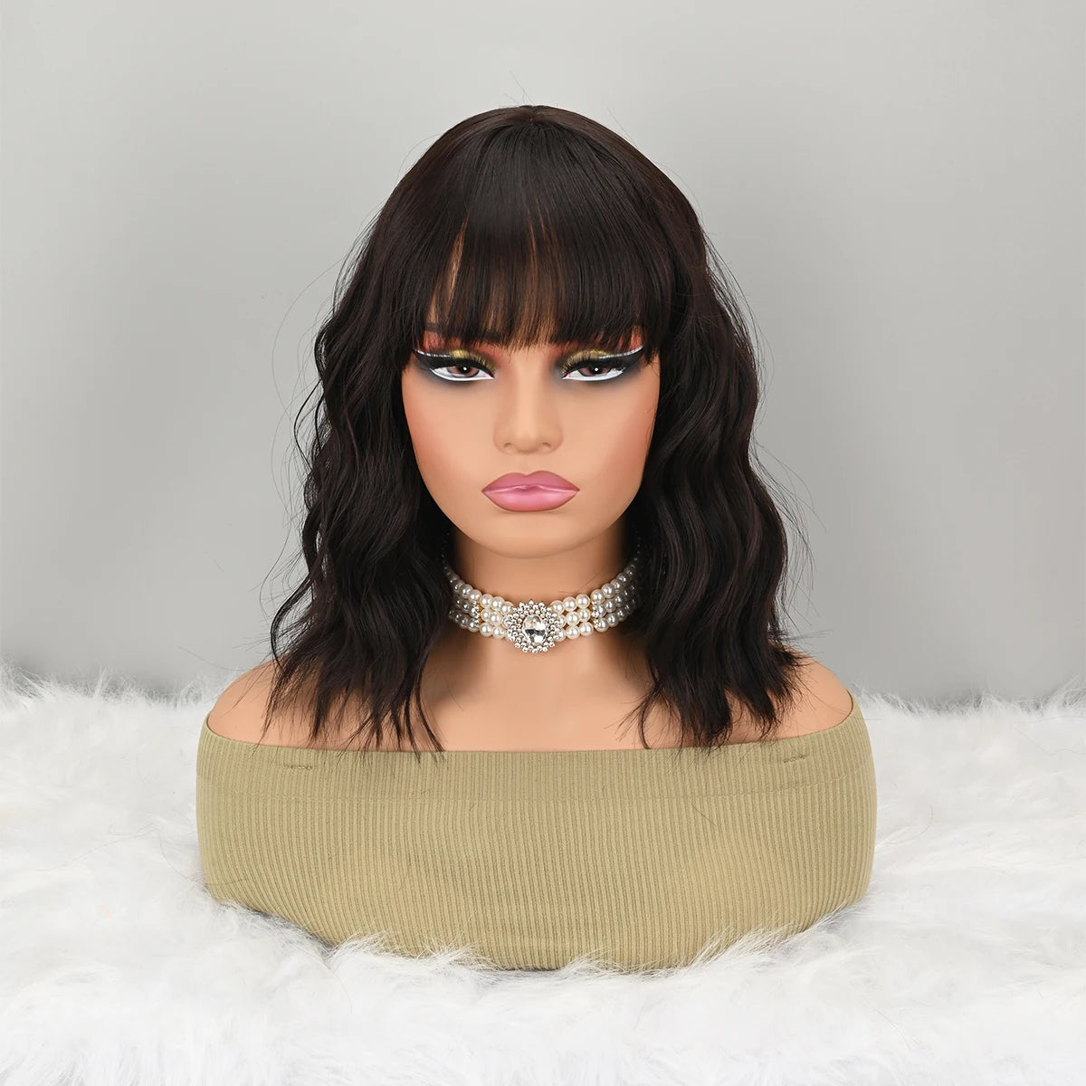 Natural Brown Synthetic Curly Wavy Bob Wig with Bangs for Women