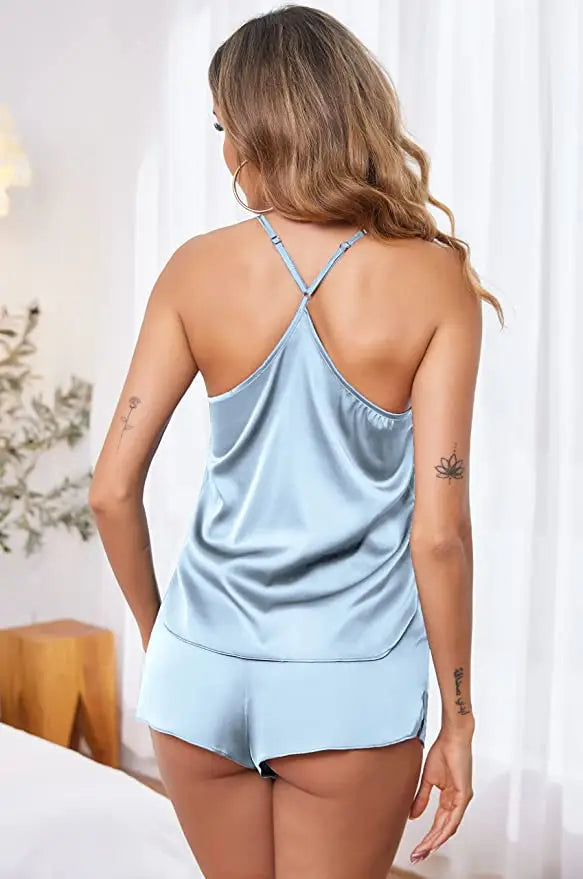 Conjuntos de pijama de satén y encaje sexy para mujer, ropa de dormir, tops sin mangas + pantalones cortos, conjuntos de 2 piezas de pijama para mujer