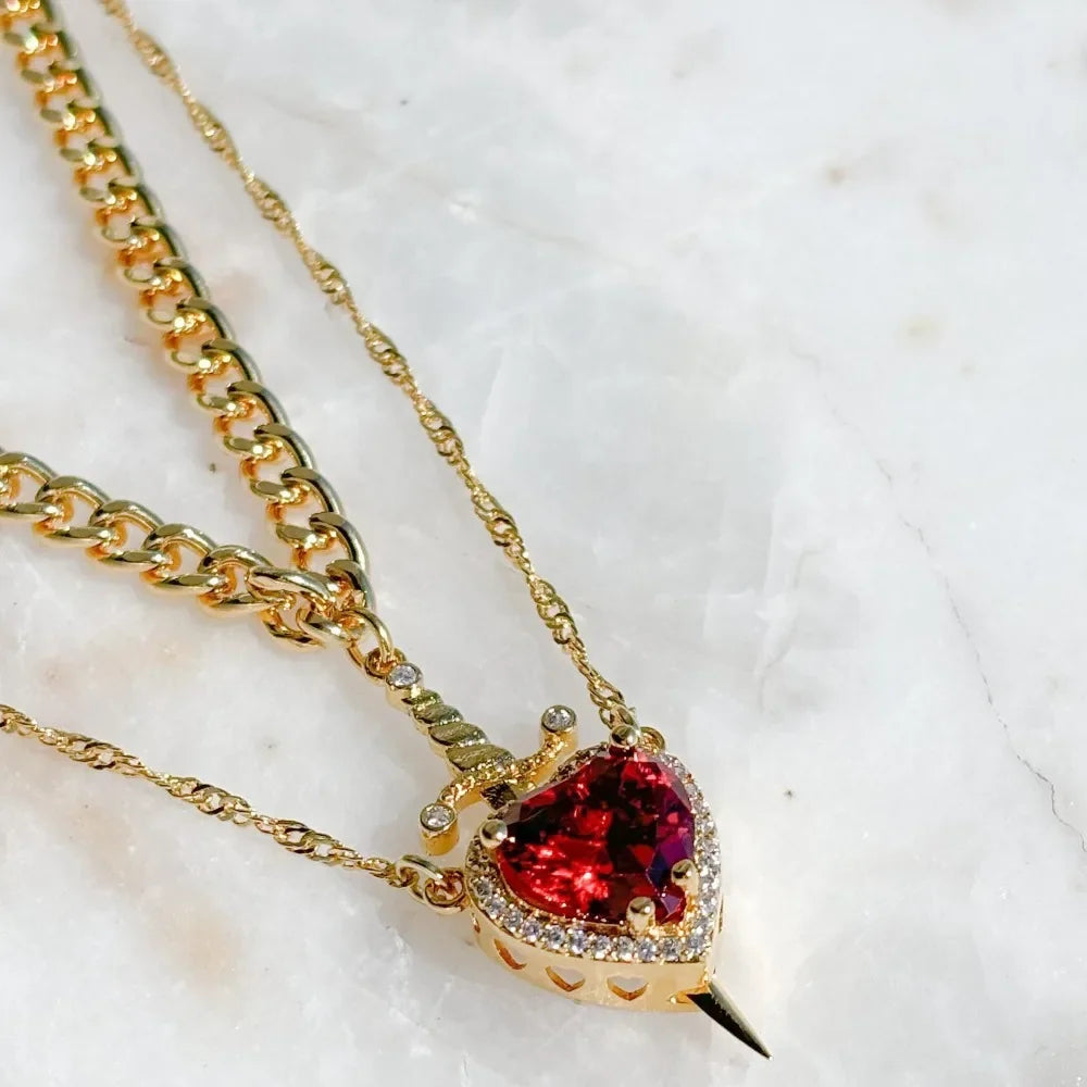 Collar de corazón y espada Collares para parejas Anillo de cristal de circonita Pulsera Conjunto de joyas para regalos románticos del Día de San Valentín