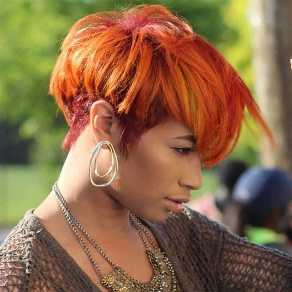 Peluca Lolely Dream Corta Naranja Jengibre 100% Cabello Humano con Flequillo, Peluca Lisa Remy Hecha a Máquina, Peluca Bob con Capas, Corte Pixie para Mujeres