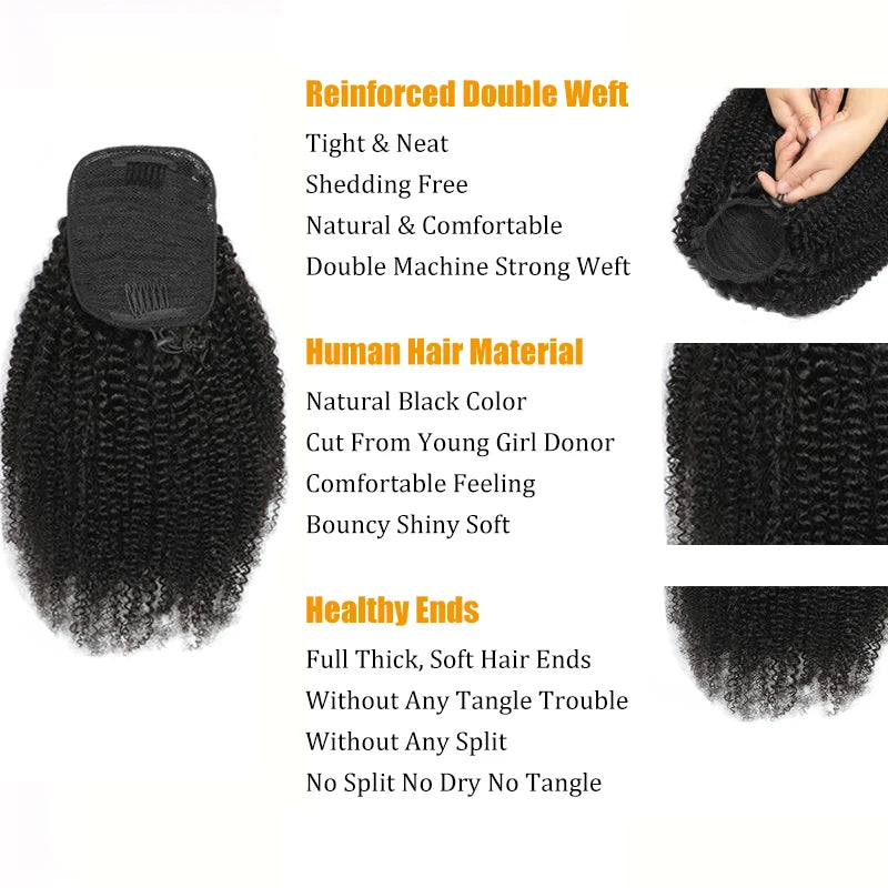 10-24 pouces Afro crépu bouclé queue de cheval avec cordon Cheveux humains 12A Cheveux vierges brésiliens Extensions de cheveux 100 % naturels Couleur naturelle