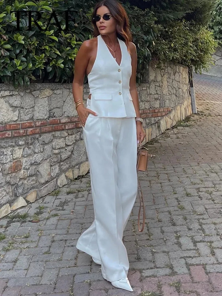 MUJER Women Pants Sets Off Shoulder Sleeveless Vest Top Woman Wide Leg Pants Women 2 Piece Set Outfit Elegant Women's Pants Suit