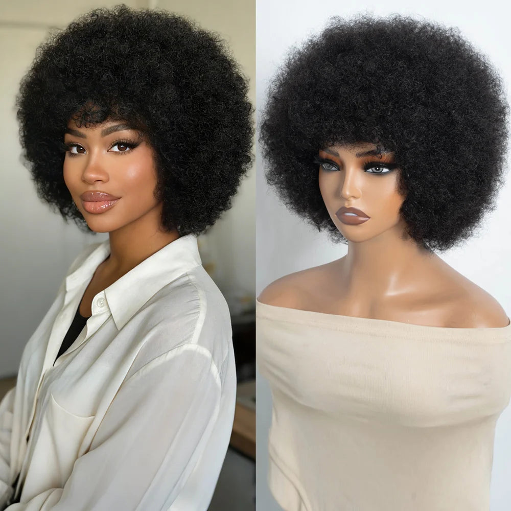 Afro Wig For Women Short Afro Kinky Curly Bob Glueless Wigs Human Hair Natural Looking 12 Inch Afro Wigs With Bangs Short Bouncy