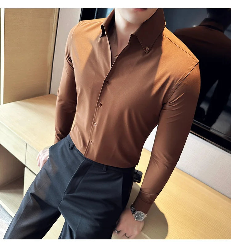 Camisa de vestir de hombre Otoño Estilo británico Liso Casual Ajustado Formal Camisas Cuello en V Manga Larga Camisa Ropa de hombre Streetwear
