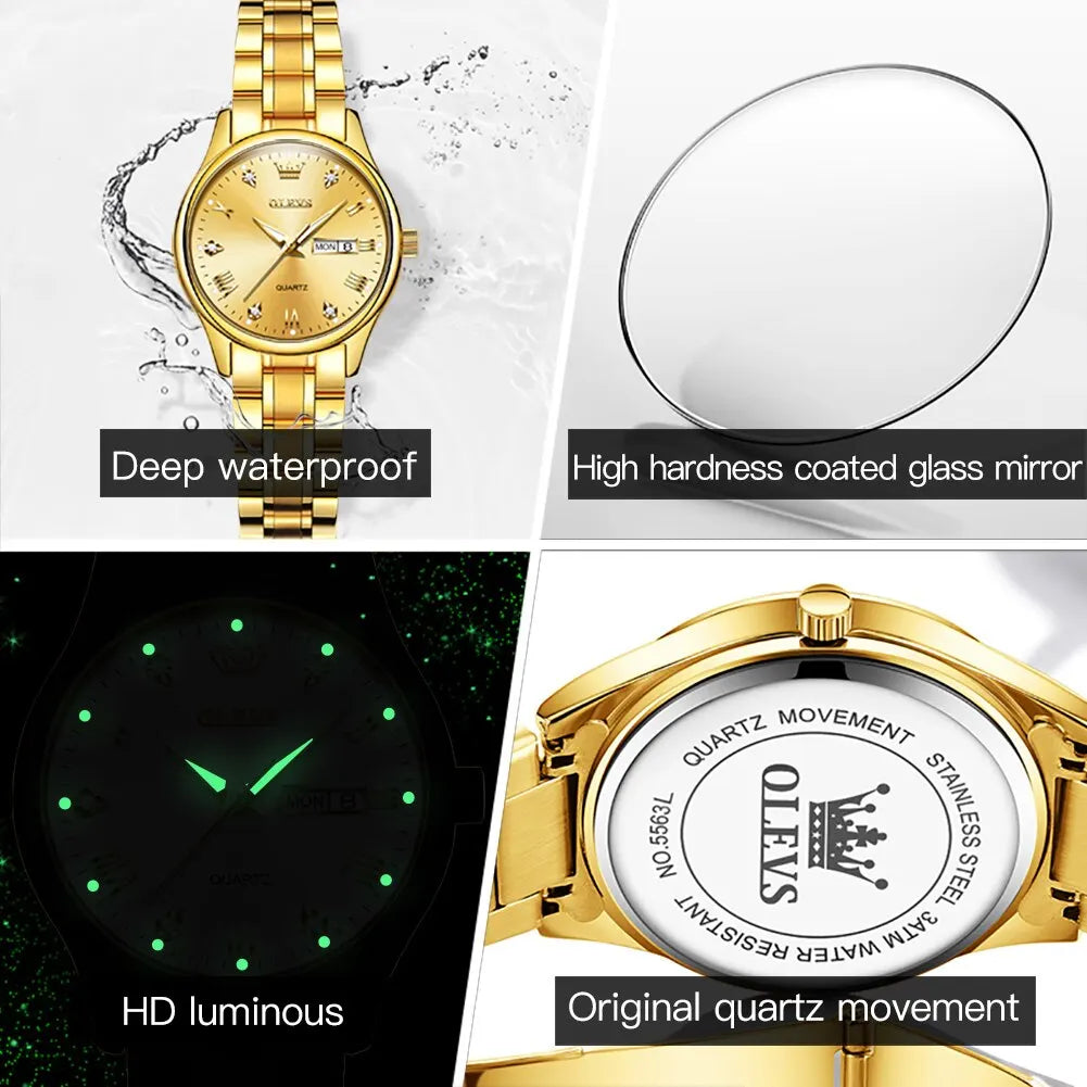 OLEVS Reloj de pulsera para mujer, relojes originales para mujer, de acero inoxidable impermeable, de lujo, de cuarzo, reloj de pulsera para mujer, dorado, Reloj Hombre