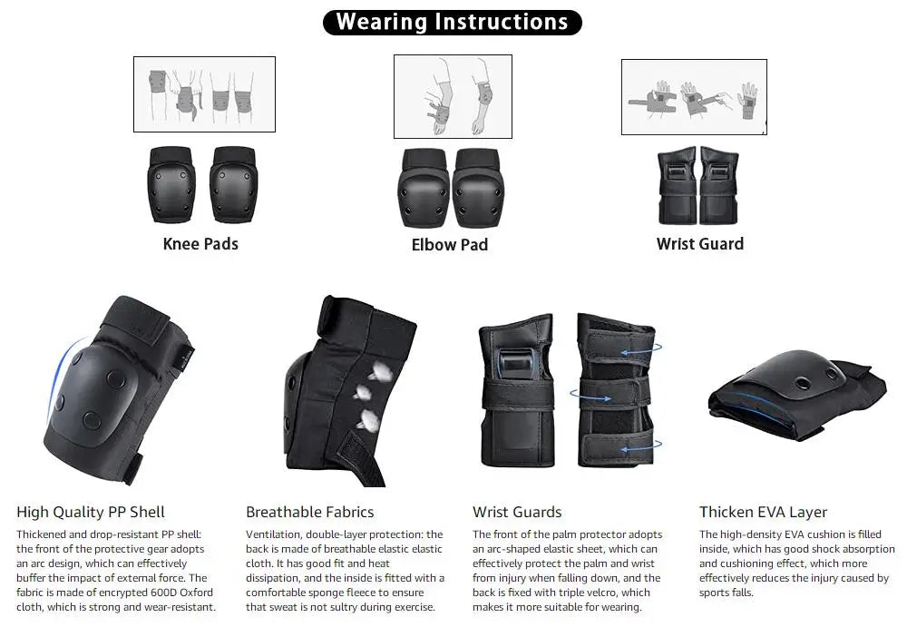 Lot de 6 genouillères, coudières et protège-poignets pour adultes et enfants, protections pour skateboard, équipement de protection 6 en 1 pour roller, trottinette