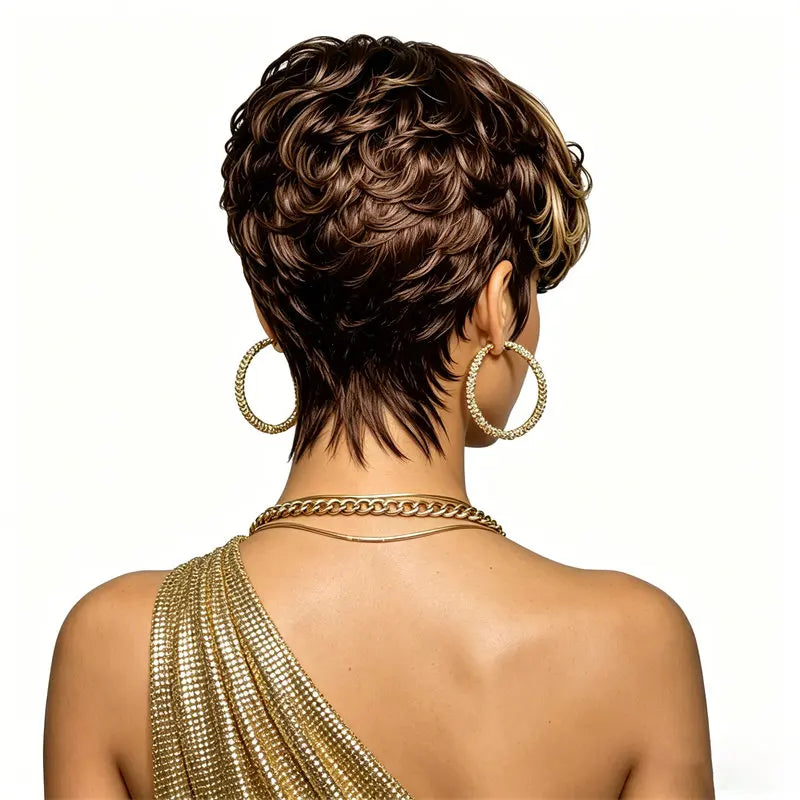 Short Pixie Cut Wig Brown With 613 Blonde Highlights Full Machine Made With Bangs Soft Smooth For Women Breathable For Daily Use
