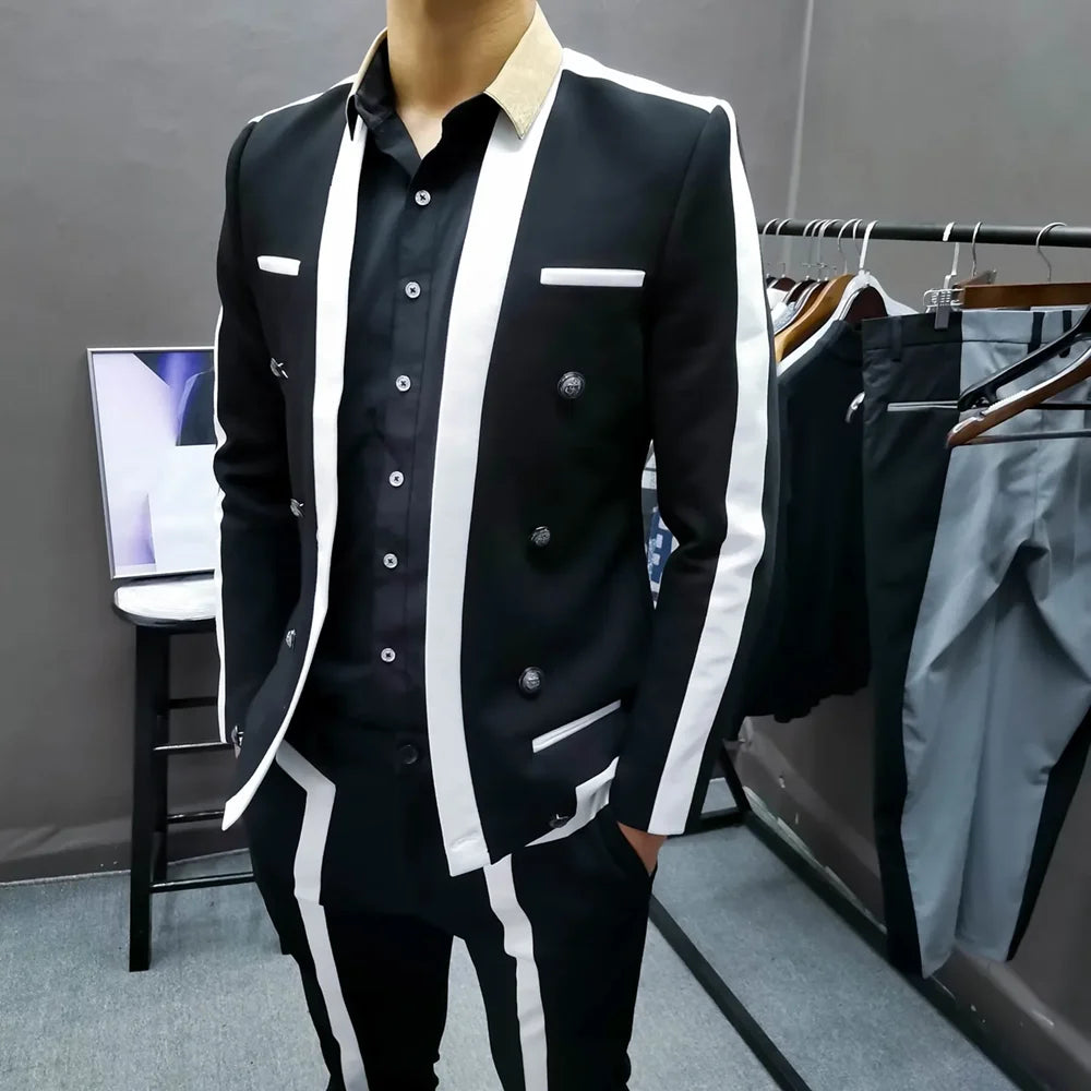 Men Suits Fashion Long Sleeves Black and White Blazer with Pants Chic Business Casual Daily Formal Male Suit Two Pieces