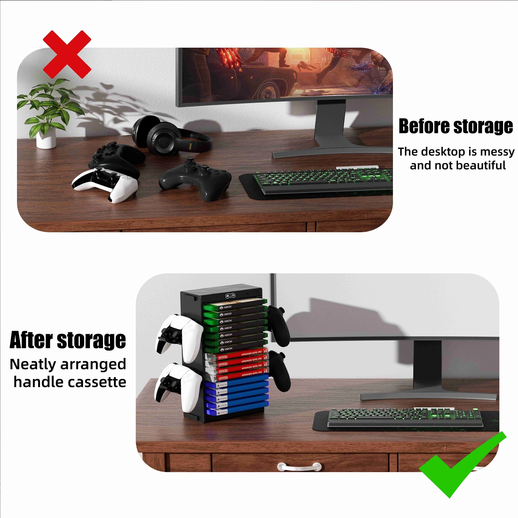 Oppbevaringsstativ for videospill til PS5/PS4/PS3/Xbox-serien S og X/Xbox One-spill, med 4 kroker, spillkontrollerholder