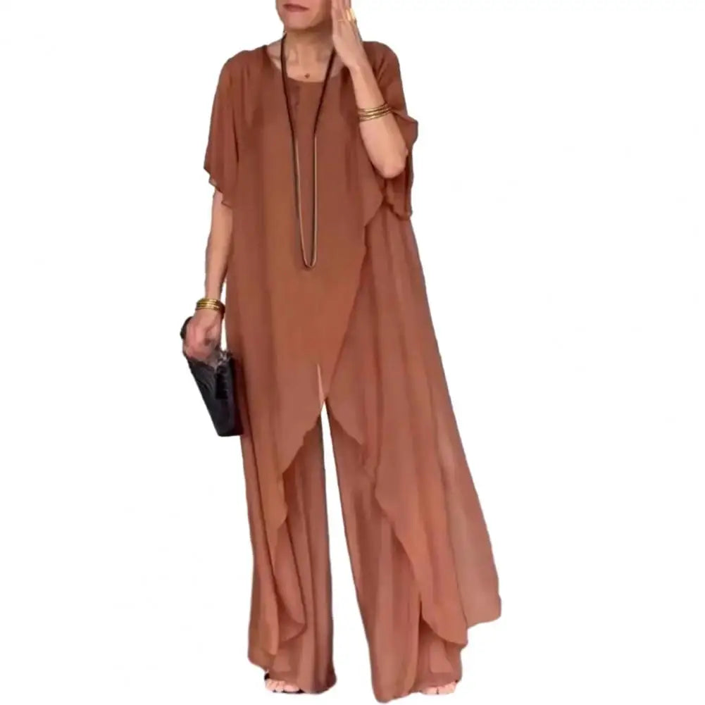 Women Two Piece Sets Pant Set Irregularity Round Neck Full Sleeve Tops Shirt Solid Splice Casual Loose Wide Leg Long Pants