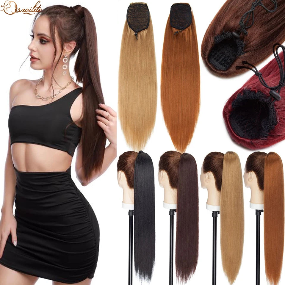 S-noilite Synthétique 22 pouces Afro Yaki Raide Queue de Cheval Pince à Cheveux Postiche avec Cordon de Serrage pour Femmes