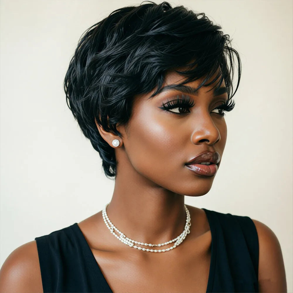 Peluca de cabello humano corte pixie corto y liso 6 pulgadas 150% densidad Estilo básico para uso diario hecho a máquina Chic Retro para mujer