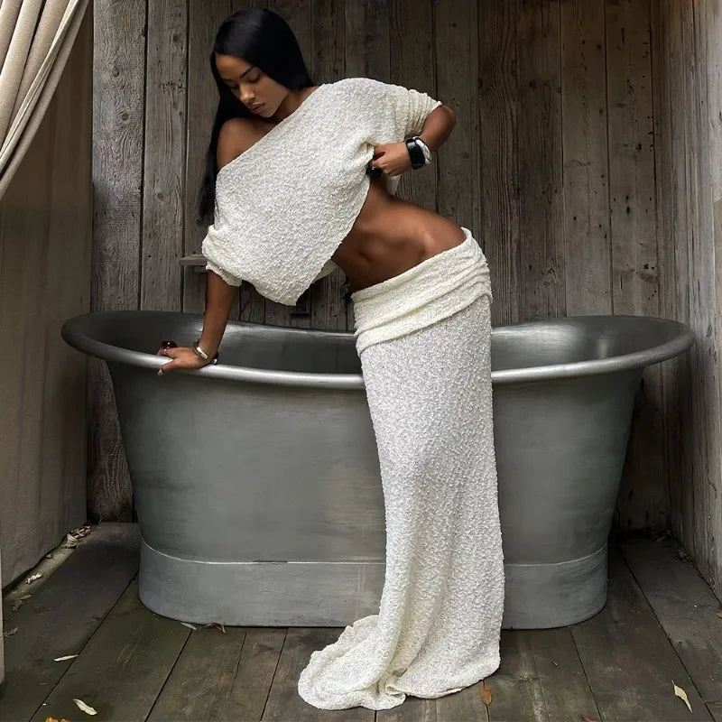 Knitted Skirt Set Women's Summer Off-Shoulder Long Sleeve Cropped Top Slim See-through Pleated Skirt Female Skirt Set