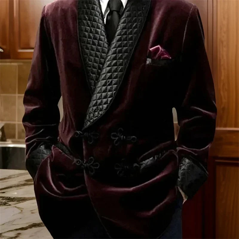 1 pieza de chaqueta de traje de hombre larga para boda, solapa de chal, esmoquin de terciopelo, blazer para cena, abrigo, listo para enviar