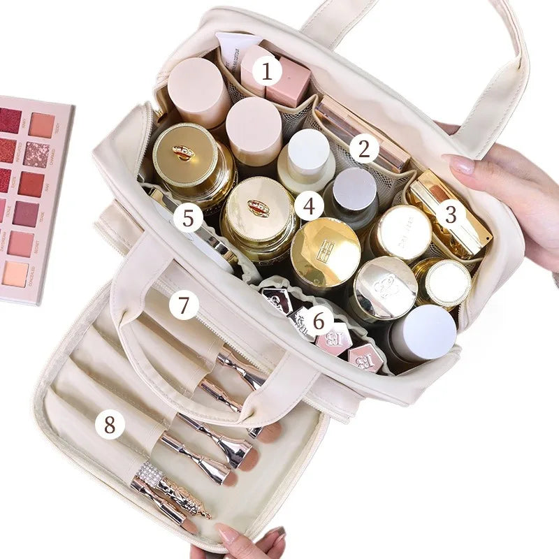 Large Capacity Makeup Bag for Women – Portable Cosmetic Organizer with Brush Holder & Carry Handle, Travel-Friendly Makeup Case