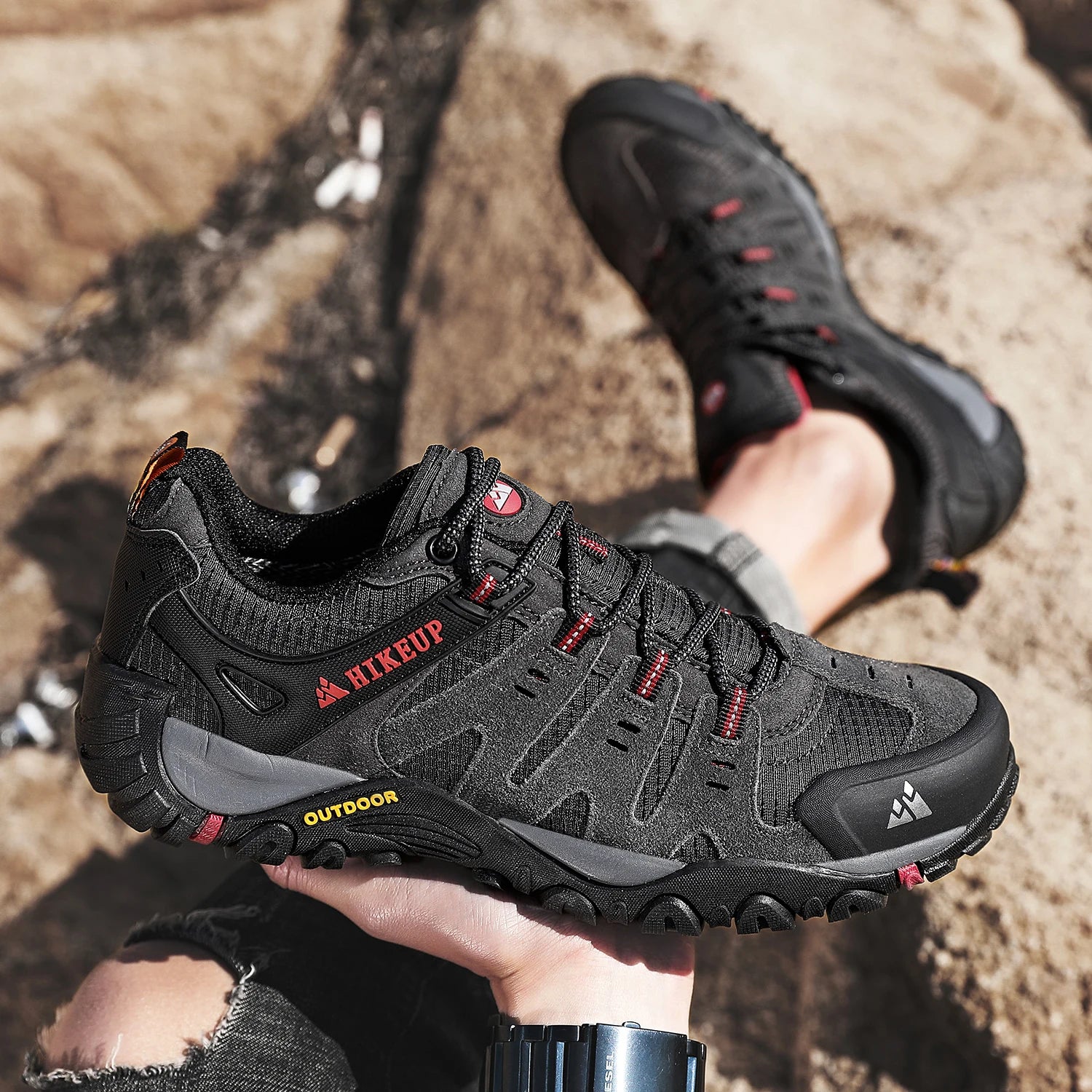 HIKEUP Zapatillas de senderismo para hombre de cuero de ante, calzado de exterior resistente al desgaste, zapatillas tácticas de trekking, senderismo y caza para hombre