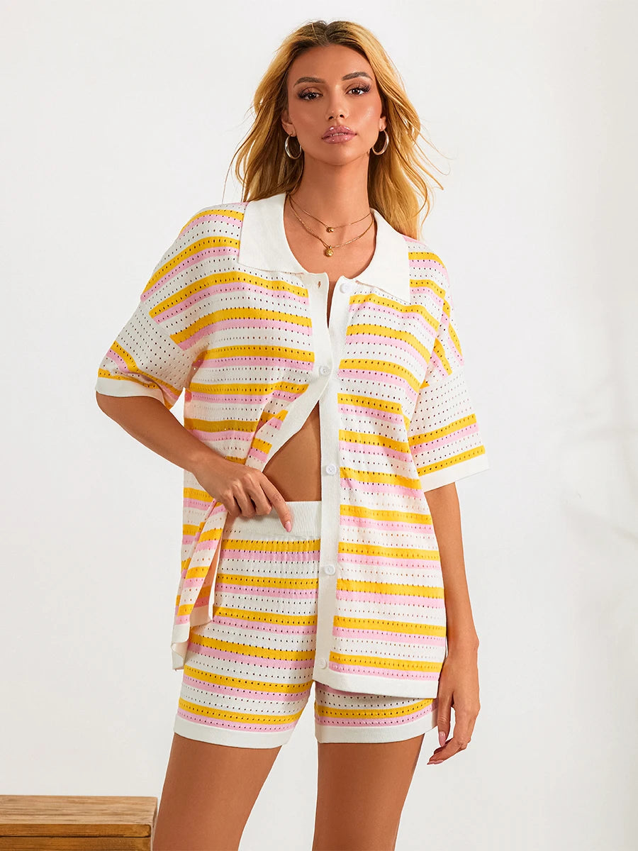 Conjunto de Pijama de Mujer de 2 Piezas Trajes de Salón Verano Rayas Contraste de Color Botón Tops de Punto de Ganchillo y Pantalones Cortos Conjuntos de Salón Playa