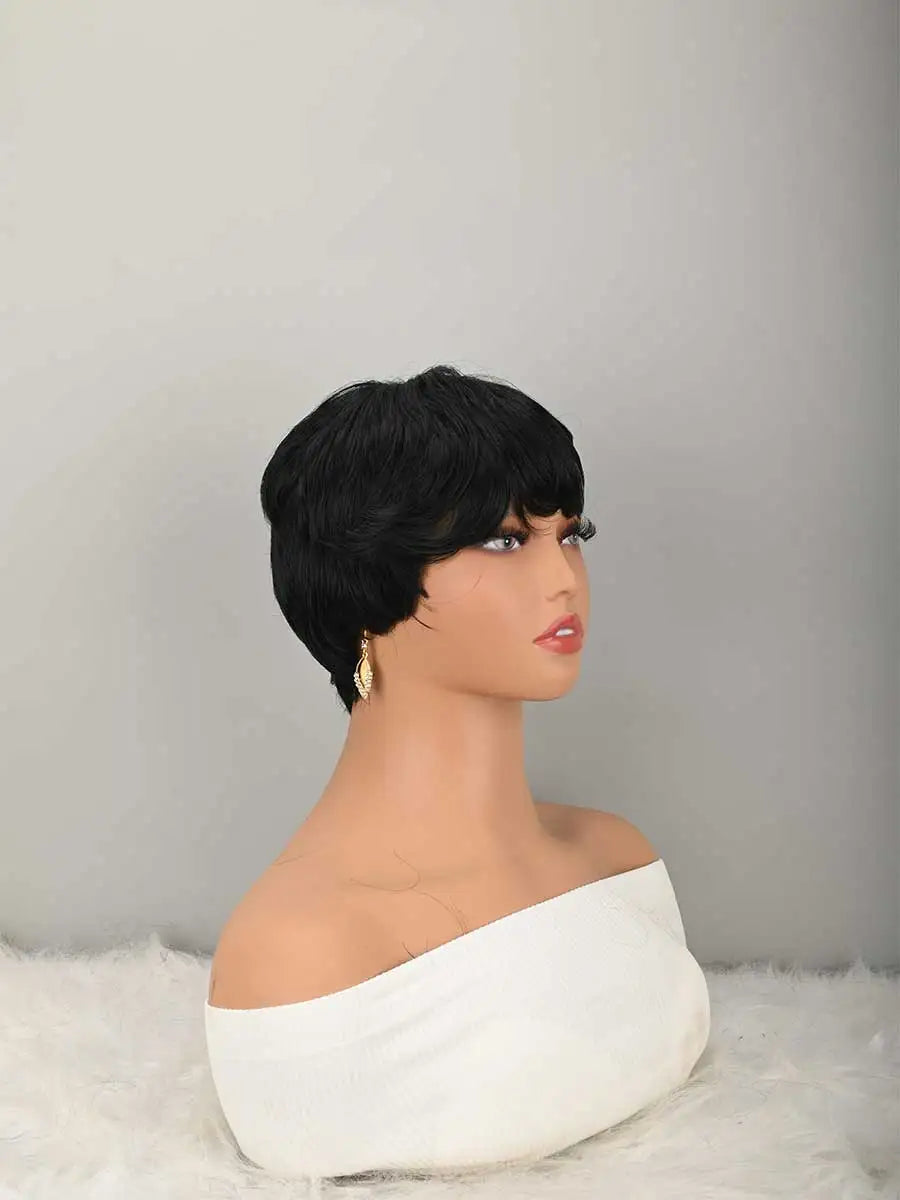 Peluca corta Bob para corte Pixie, pelucas sintéticas sin pegamento, peluca sin encaje frontal con flequillo, liso negro natural, hecha a máquina completa, corta en capas para uso diario.