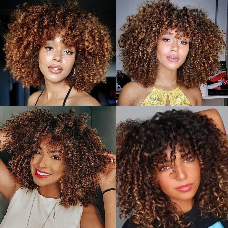 Idolla Short Curly Blonde Wig Synthetic Afro Kinky Curly Wig With Bangs For Black Women Natural Ombre Blonde Cosplay Wig