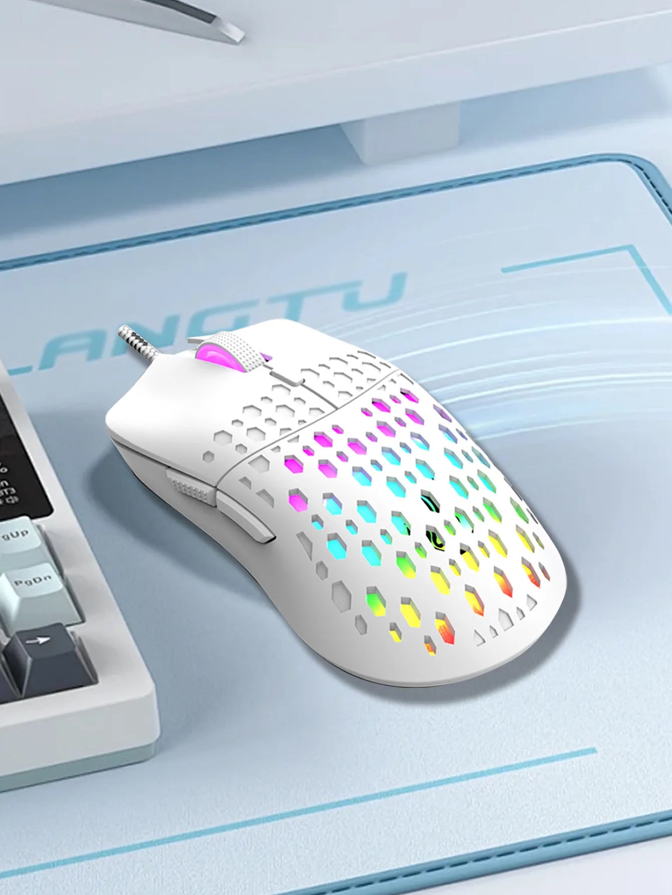 Ratón inalámbrico para juegos, efecto de luz deslumbrante y colorido, DPI variable, ratón perforado con diseño de panal de abeja a la moda